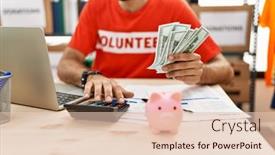  Presentation with donation - Presentation theme consisting of handsome-hispanic-man-working background and a  colored foreground