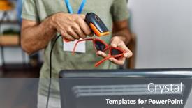  Presentation with scanner - Presentation theme consisting of handsome-hispanic-man-working background and a gray colored foreground