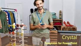  Presentation with retail - Presentation design consisting of handsome-hispanic-man-working background and a  colored foreground