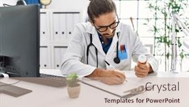  Presentation with working - PPT theme with handsome-hispanic-man-working background and a coral colored foreground