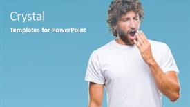  Presentation with sleepiness - Slide set consisting of handsome hispanic model man over isolated background bored yawning tired covering mouth with hand restless and sleepiness background and a teal colored foreground