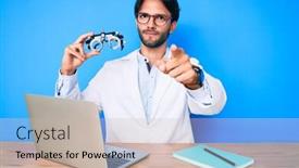  Presentation with optometry - Colorful presentation design enhanced with handsome-hispanic-optician-man backdrop and a soft green colored foreground