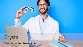  Presentation with optometry - Amazing PPT layouts having handsome-hispanic-optician-man backdrop and a soft green colored foreground