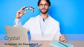  Presentation with optometry - Presentation featuring handsome-hispanic-optician-man background and a soft green colored foreground