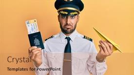  Presentation with pilot - Cool new PPT theme with handsome-hispanic-pilot-man-holding backdrop and a coral colored foreground