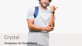  Presentation with student - Slide deck having handsome hispanic student man wearing backpack and glasses over isolated background smiling with happy face looking and pointing to the side with thumb up background and a white colored foreground