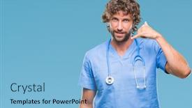  Presentation with hand surgeon - Theme consisting of handsome hispanic surgeon doctor man over isolated background smiling doing phone gesture with hand and fingers like talking on the telephone communicating concepts background and a light blue colored foreground