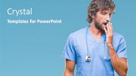  Presentation with hand surgeon - PPT theme consisting of handsome hispanic surgeon doctor man over isolated background bored yawning tired covering mouth with hand restless and sleepiness background and a light blue colored foreground