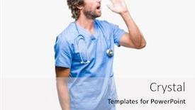  Presentation with hand surgeon - Slide set with handsome hispanic surgeon doctor man over isolated background shouting and screaming loud to side with hand on mouth communication concept background and a white colored foreground