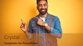  Presentation with indian leadership politics - PPT layouts consisting of handsome indian technician man wearing uniform over isolated yellow background smiling and looking at the camera pointing with two hands and fingers to the side background and a gold colored foreground