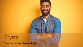  Presentation with democracy indian - Presentation theme consisting of handsome indian technician man wearing uniform over isolated yellow background happy face smiling with crossed arms looking at the camera positive person background and a gold colored foreground