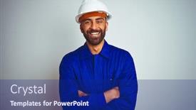  Presentation with office ergonomics man worker exercising - PPT layouts featuring handsome indian worker man wearing uniform and helmet over isolated white background happy face smiling with crossed arms looking at the camera positive person background and a navy blue colored foreground