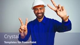 Presentation with indian - PPT theme enhanced with handsome indian worker man wearing uniform and helmet over isolated white background smiling looking to the camera showing fingers doing victory sign number two background and a navy blue colored foreground