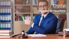  Presentation with courtroom - Colorful PPT layouts enhanced with handsome judge with gavel sitting in courtroom backdrop and a violet colored foreground