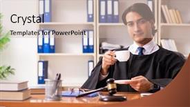  Presentation with court - PPT theme consisting of handsome judge working in court background and a soft green colored foreground
