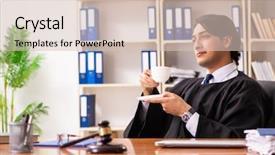  Presentation with international law court system - Slide set having handsome judge working in court background and a lemonade colored foreground