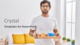  Presentation with simple - Presentation theme featuring handsome-latin-man-eating-breakfast background and a light gray colored foreground