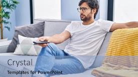  Presentation with television - PPT layouts consisting of handsome-latin-man-holding-television background and a  colored foreground