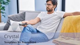  Presentation with television - Presentation design having handsome-latin-man-holding-television background and a  colored foreground