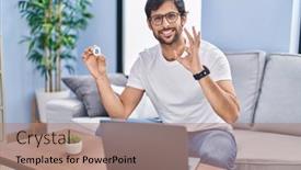  Presentation with bitcoin - PPT layouts enhanced with handsome-latin-man-holding-virtual background and a coral colored foreground