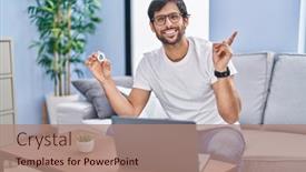  Presentation with virtual hand - Presentation having handsome-latin-man-holding-virtual background and a coral colored foreground