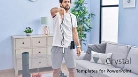  Presentation with bad - Presentation theme with handsome-latin-man-wearing-sportswear background and a light gray colored foreground