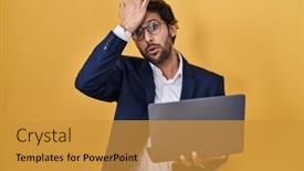  Presentation with computer memory - Presentation theme featuring handsome-latin-man-working-using background and a gold colored foreground