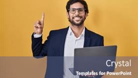  Presentation with fingers - Presentation design consisting of handsome-latin-man-working-using and a ocean colored foreground