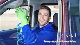  Presentation with dirt car - Colorful PPT theme enhanced with handsome male cleaner removing dirt backdrop and a royal blue colored foreground