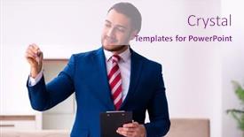  Presentation with realtor - Cool new PPT theme with handsome-male-realtor-working-indoors backdrop and a sky blue colored foreground