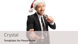  Presentation with microphone - Colorful PPT theme enhanced with handsome male singer in a black suit singing on a microphone and wearing a santa claus hat isolated on white backround backdrop and a light gray colored foreground