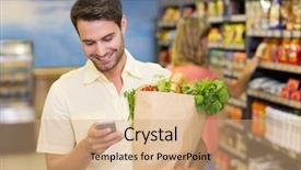  Presentation with products supermarket - Audience pleasing slide set consisting of handsome man buying food product backdrop and a coral colored foreground