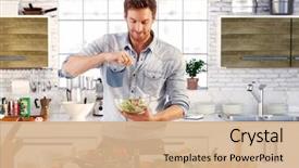  Presentation with handsome - Presentation design with handsome man cooking at home background and a coral colored foreground