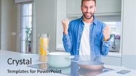  Presentation with italian food cooking tomatoes basil - PPT layouts featuring handsome man cooking italian spaghetti background and a light blue colored foreground