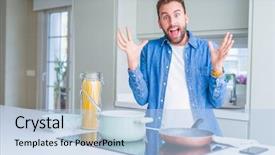  Presentation with italian food cooking tomatoes basil - Slide set enhanced with handsome man cooking italian spaghetti background and a light blue colored foreground