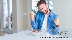  Presentation with breakfast - Presentation theme consisting of handsome man eating cereals for breakfast at home very happy and excited doing winner gesture with arms raised smiling and screaming for success celebration concept background and a light blue colored foreground