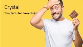  Presentation with shame - PPT theme enhanced with handsome man eating chocolate bar background and a yellow colored foreground