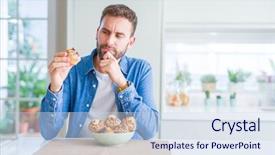  Presentation with chocolate chip - Slide set featuring handsome man eating chocolate chips background and a sky blue colored foreground