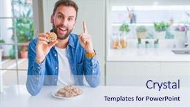  Presentation with of chocolate chips cookies - Colorful PPT layouts enhanced with handsome man eating chocolate chips backdrop and a sky blue colored foreground