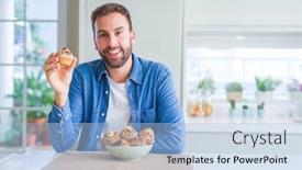  Presentation with muffin - Slides enhanced with handsome man eating chocolate chips muffin with a happy face standing and smiling with a confident smile showing teeth background and a light blue colored foreground