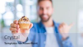  Presentation with muffin - Presentation design featuring handsome man eating chocolate chips muffin pointing and showing with thumb up to the side with happy face smiling background and a light blue colored foreground