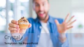  Presentation with muffin - Amazing presentation design having handsome man eating chocolate chips muffin very happy and excited winner expression celebrating victory screaming with big smile and raised hands backdrop and a light blue colored foreground