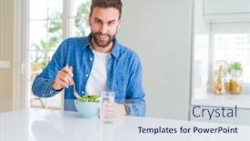  Presentation with peas - Beautiful slide set featuring handsome man eating green peas backdrop and a sky blue colored foreground