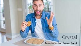  Presentation with children and healthy eating - Cool new slide deck with handsome man eating healthy whole grain biscuit very happy and excited winner expression celebrating victory screaming with big smile and raised hands backdrop and a light blue colored foreground