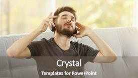  Presentation with music headphones - Presentation enhanced with handsome man emotionally listens music with headphones on grey sofa in the room background and a tawny brown colored foreground