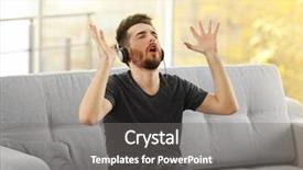  Presentation with music headphones - PPT layouts having handsome man emotionally listens music with headphones on grey sofa in the room background and a gray colored foreground