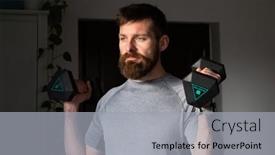  Presentation with lifting weights - Beautiful theme featuring handsome-man-exercising-at-home backdrop and a light gray colored foreground