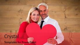  Presentation with bleached - Presentation with handsome man getting a heart card form wife against bleached wooden planks background background and a red colored foreground