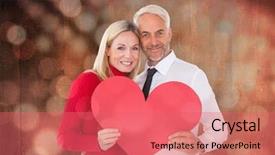  Presentation with black light - Colorful presentation enhanced with handsome man getting a heart card form wife against light circles on black background backdrop and a coral colored foreground