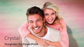  Presentation with pink green - PPT theme enhanced with handsome man giving piggy back to his girlfriend against pink and green planks background and a coral colored foreground